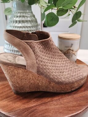 Fergie Taupe Woven Suede Cork Wedge Sandal